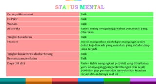 Persepsi Halusinasi Baik
Isi Pikir Baik
Waham Baik
Arus Pikir Pasien sering mengulang jawaban pertanyaan yang
diberikan
Tingkat Kesadaran Baik
Memori Pasein mengatakan tidak dapat mengingat secara
detail kejadian ada yang masa lalu yang sudah cukup
lama terjadi.
Tingkat konsentrasi dan berhitung Baik
Kemampuan penilaian Baik
Daya tilik diri Pasien tidak mengingkari penyakit yang dideritanya
yaitu adanya gangguan perkembangan otak sejak
2008 dan juga pasien tidak menyalahkan kejadian
terjadi diluar dirinya saat ini
STATUS MENTAL
 
