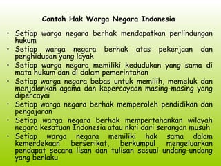 Contoh Hak Warga Negara Indonesia
• Setiap warga negara berhak mendapatkan perlindungan
hukum
• Setiap warga negara berhak atas pekerjaan dan
penghidupan yang layak
• Setiap warga negara memiliki kedudukan yang sama di
mata hukum dan di dalam pemerintahan
• Setiap warga negara bebas untuk memilih, memeluk dan
menjalankan agama dan kepercayaan masing-masing yang
dipercayai
• Setiap warga negara berhak memperoleh pendidikan dan
pengajaran
• Setiap warga negara berhak mempertahankan wilayah
negara kesatuan Indonesia atau nkri dari serangan musuh
• Setiap warga negara memiliki hak sama dalam
kemerdekaan berserikat, berkumpul mengeluarkan
pendapat secara lisan dan tulisan sesuai undang-undang
yang berlaku
 