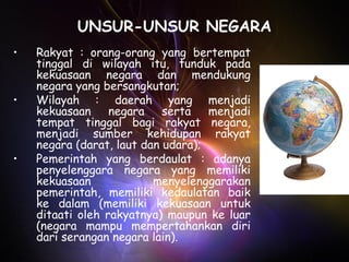 UNSUR-UNSUR NEGARA
• Rakyat : orang-orang yang bertempat
tinggal di wilayah itu, tunduk pada
kekuasaan negara dan mendukung
negara yang bersangkutan;
• Wilayah : daerah yang menjadi
kekuasaan negara serta menjadi
tempat tinggal bagi rakyat negara,
menjadi sumber kehidupan rakyat
negara (darat, laut dan udara);
• Pemerintah yang berdaulat : adanya
penyelenggara negara yang memiliki
kekuasaan menyelenggarakan
pemerintah, memiliki kedaulatan baik
ke dalam (memiliki kekuasaan untuk
ditaati oleh rakyatnya) maupun ke luar
(negara mampu mempertahankan diri
dari serangan negara lain).
 