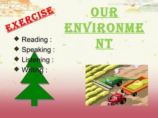 OUR 
ENVIRONME 
E X E R C I S E 
NT  Reading : 
 Speaking : 
 Listening : 
 Writing : 
