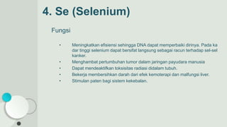 4. Se (Selenium)
Fungsi
• Meningkatkan efisiensi sehingga DNA dapat memperbaiki dirinya. Pada ka
dar tinggi selenium dapat bersifat langsung sebagai racun terhadap sel-sel
kanker.
• Menghambat pertumbuhan tumor dalam jaringan payudara manusia
• Dapat mendeaktifkan toksisitas radiasi didalam tubuh.
• Bekerja membersihkan darah dari efek kemoterapi dan malfungsi liver.
• Stimulan paten bagi sistem kekebalan.
 