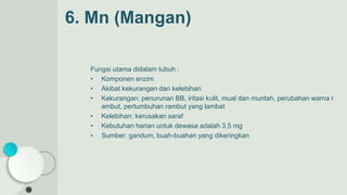 6. Mn (Mangan)
Fungsi utama didalam tubuh :
• Komponen enzim
• Akibat kekurangan dan kelebihan
• Kekurangan: penurunan BB, iritasi kulit, mual dan muntah, perubahan warna r
ambut, pertumbuhan rambut yang lambat
• Kelebihan: kerusakan saraf
• Kebutuhan harian untuk dewasa adalah 3,5 mg
• Sumber: gandum, buah-buahan yang dikeringkan
 