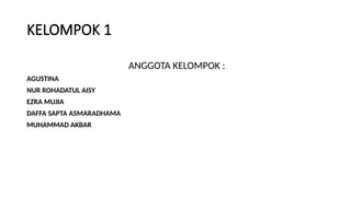 KELOMPOK 1
ANGGOTA KELOMPOK :
AGUSTINA
NUR ROHADATUL AISY
EZRA MUJIA
DAFFA SAPTA ASMARADHAMA
MUHAMMAD AKBAR
 