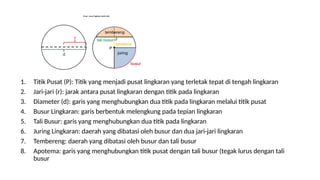 1. Titik Pusat (P): Titik yang menjadi pusat lingkaran yang terletak tepat di tengah lingkaran
2. Jari-jari (r): jarak antara pusat lingkaran dengan titik pada lingkaran
3. Diameter (d): garis yang menghubungkan dua titik pada lingkaran melalui titik pusat
4. Busur Lingkaran: garis berbentuk melengkung pada tepian lingkaran
5. Tali Busur: garis yang menghubungkan dua titik pada lingkaran
6. Juring Lingkaran: daerah yang dibatasi oleh busur dan dua jari-jari lingkaran
7. Tembereng: daerah yang dibatasi oleh busur dan tali busur
8. Apotema: garis yang menghubungkan titik pusat dengan tali busur (tegak lurus dengan tali
busur
Unsur- unsur lingkaran terdiri dari:
 