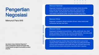 Pengertian
Negosiasi
Menurut Para Ahli
PENGERTIANNEGOSIASI
Apa alasan orang melakukan Negosiasi ?
Untuk mendapatkan sebuah keuntungan atau
menghindarkan kerugian/memecahkan problem
yang lain.
Menurut Hartman
Negosiasi merupakan suatu proses komunikasi antara dua pihak,
yang masing-masing mempunyai tujuan dan sudut pandang
mereka sendiri, yang berusaha mencapai kesepakatan yang
memuaskan keduabelah pihak mengenai masalah yang sama.
Menurut Oliver
Negosiasi merupakan sebuah transaksi dimana kedua belah pihak
mempunyai hak atas hasil akhir.
Menurut Casse
Negoasiasi merupakan prosesdimana paling sedikitada dua pihak
dengan persepsi, kebutuhan, dan motivasi yang berbeda mencoba untuk
bersepakat tentang suatu hal demi kepentingan bersama.
Negosiasi
Dari ketiga pengertian tersebut dapat disimpulkan bahwa suatu proses
negosiasi selalu meliabatkan dua orang atau lebih yang saling berinteraksi,
mencari suatu kesepakatan kedua belah pihak, dan mencapai tujuan yang
dihendaki bersama kedua belah pihak yang terlibat dalam negosiasi
 