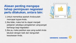 UNIVERSITAS GUNADARMA
Alasan penting mengapa
tahap peninjauan negosiasi
perlu dilakukan, antara lain:
1.Untuk memeriksa apakah Andasudah
mencapai tujuanAnda.
2.Jika tidak, maka hal itu dapat menjadi
pelajaran sekaligus pengalaman yangsangat
berharga bagi negosiator.·
3.Jika ya, maka pastikan apa yang sudah Anda
lakukan dengan baik dan bangunlah
kesuksesan Anda.
 