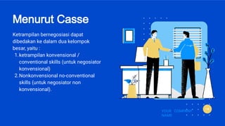 Menurut Casse
1.
2.
Ketrampilan bernegosiasi dapat
dibedakan ke dalam dua kelompok
besar, yaitu :
ketrampilan konvensional /
conventional skills (untuk negosiator
konvensional)
Nonkonvensional no-conventional
skills (untuk negosiator non
konvensional).
YOUR COMPANY
NAME
 