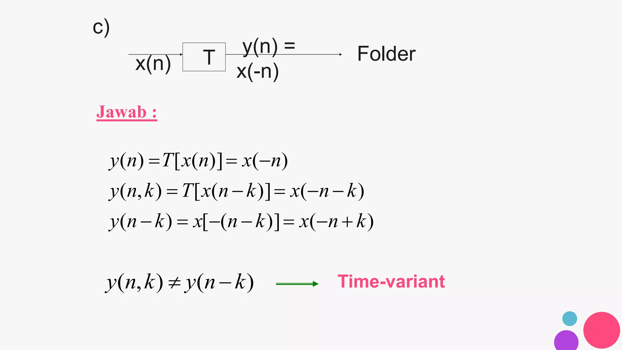 Jawab :
c)
)()]([)(
)()]([),(
)()]([)(
knxknxkny
knxknxTkny
nxnxTny



Time-variant
T
y(n) =
x(-n)x(n) Folder
)(),( knykny 
 