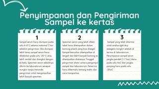 Sampel yang telah diterima
untuk analisis IgM diuji
sesegera mungkin setelah di
terima di laboratorium.
Penyimpanan sampel serum
jangka pendek (1-7 hari) darus
pada suhu 4oC dan jangka
panjang harus pada suhu
-20oC
Penyimpanan dan Pengiriman
Sampel ke kertas
Spesimen serum yang telah diberi
label harus ditempatkan dalam
kantong plastik yang bisa disegel.
Sampel kemudian ditempatkan di
tengah dan lebih banyak kantong es
ditempatkan diatasnya. Tanggal
pengiriman diatur antara pengumpul
sampel dan laboratorium. Penerima
harus diberitahu tentang waktu dan
cara transportasi.
Sampel serum harus disimpan pada
suhu 4–8°C selama maksimal 7 hari
sebelum pengiriman. Jika disimpan
lebih lama, sampel serum harus
dibekukan pada suhu -20°C atau
lebih rendah dan diangkut dengan
es beku. Spesimen serum sebaiknya
dikirim ke laboratorium secepat
mungkin tanpa menunda
pengiriman untuk mengumpulkan
lebih banyak spesimen.
1
1 2
2 3
3
 