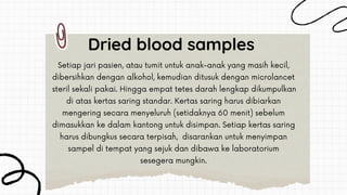 Setiap jari pasien, atau tumit untuk anak-anak yang masih kecil,
dibersihkan dengan alkohol, kemudian ditusuk dengan microlancet
steril sekali pakai. Hingga empat tetes darah lengkap dikumpulkan
di atas kertas saring standar. Kertas saring harus dibiarkan
mengering secara menyeluruh (setidaknya 60 menit) sebelum
dimasukkan ke dalam kantong untuk disimpan. Setiap kertas saring
harus dibungkus secara terpisah, disarankan untuk menyimpan
sampel di tempat yang sejuk dan dibawa ke laboratorium
sesegera mungkin.
Dried blood samples
 