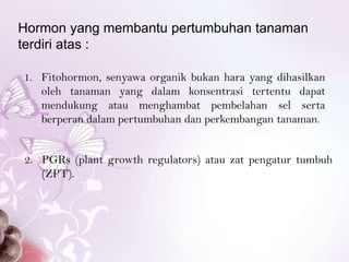 Hormon yang membantu pertumbuhan tanaman
terdiri atas :

1. Fitohormon, senyawa organik bukan hara yang dihasilkan
   oleh tanaman yang dalam konsentrasi tertentu dapat
   mendukung atau menghambat pembelahan sel serta
   berperan dalam pertumbuhan dan perkembangan tanaman.


2. PGRs (plant growth regulators) atau zat pengatur tumbuh
   (ZPT).
 