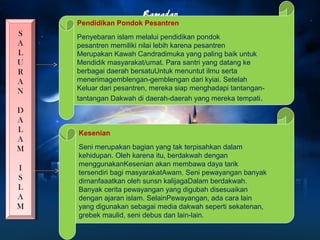 Pendidikan Pondok Pesantren 
Penyebaran islam melalui pendidikan pondok 
pesantren memiliki nilai lebih karena pesantren 
Merupakan Kawah Candradimuka yang paling baik untuk 
Mendidik masyarakat/umat. Para santri yang datang ke 
berbagai daerah bersatuUntuk menuntut ilmu serta 
menerimagemblengan-gemblengan dari kyiai. Setelah 
Keluar dari pesantren, mereka siap menghadapi tantangan-tantangan 
Dakwah di daerah-daerah yang mereka tempati. 
Kesenian 
Seni merupakan bagian yang tak terpisahkan dalam 
kehidupan. Oleh karena itu, berdakwah dengan 
menggunakanKesenian akan membawa daya tarik 
tersendiri bagi masyarakatAwam. Seni pewayangan banyak 
dimanfaaatkan oleh sunsn kalijagaDalam berdakwah. 
Banyak cerita pewayangan yang digubah disesuaikan 
dengan ajaran islam. SelainPewayangan, ada cara lain 
yang digunakan sebagai media dakwah seperti sekatenan, 
grebek maulid, seni debus dan lain-lain. 
S 
A 
L 
U 
R 
A 
N 
S 
A 
L 
U 
R 
A 
N 
D 
A 
L 
A 
M 
D 
A 
L 
A 
M 
I 
S 
L 
A 
M 
I 
S 
L 
A 
M 
 