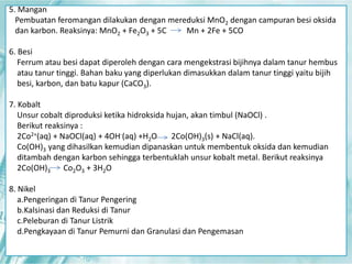 5. Mangan 
Pembuatan feromangan dilakukan dengan mereduksi MnO2 dengan campuran besi oksida 
dan karbon. Reaksinya: MnO2 + Fe2O3 + 5C Mn + 2Fe + 5CO 
6. Besi 
Ferrum atau besi dapat diperoleh dengan cara mengekstrasi bijihnya dalam tanur hembus 
atau tanur tinggi. Bahan baku yang diperlukan dimasukkan dalam tanur tinggi yaitu bijih 
besi, karbon, dan batu kapur (CaCO3). 
7. Kobalt 
Unsur cobalt diproduksi ketika hidroksida hujan, akan timbul (NaOCl) . 
Berikut reaksinya : 
2Co2+(aq) + NaOCl(aq) + 4OH-(aq) +H2O 2Co(OH)3(s) + NaCl(aq). 
Co(OH)3 yang dihasilkan kemudian dipanaskan untuk membentuk oksida dan kemudian 
ditambah dengan karbon sehingga terbentuklah unsur kobalt metal. Berikut reaksinya 
2Co(OH)3 Co2O3 + 3H2O 
8. Nikel 
a.Pengeringan di Tanur Pengering 
b.Kalsinasi dan Reduksi di Tanur 
c.Peleburan di Tanur Listrik 
d.Pengkayaan di Tanur Pemurni dan Granulasi dan Pengemasan 
 