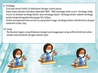 9. Tembaga 
Cu2S dan kerak FeSiO3 (l) dioksidasi dengan udara panas. 
Pada reaksi oksidasi tersebut diperoleh 98% - 99% tembaga tidak murni. Tembaga tidak 
murni ini disebut tembaga blister atau tembaga lepuh. Tembaga blister adalah tembaga 
yang mengandung gelembung gas SO2 bebas. 
Untuk memperoleh kemurnian Cu yang lebih tinggi, tembaga blister dielektrolisis dengan 
elektrolit CuSO4 (aq). 
10. Seng 
Pembuatan logam seng dilakukan dengan pemanggangan seng sulfida (ZnS) kemudian 
oksida seng direduksi dengan karbon pijar. 
 