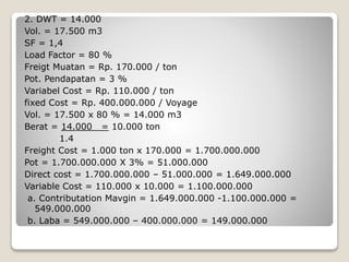 2. DWT = 14.000
Vol. = 17.500 m3
SF = 1,4
Load Factor = 80 %
Freigt Muatan = Rp. 170.000 / ton
Pot. Pendapatan = 3 %
Variabel Cost = Rp. 110.000 / ton
fixed Cost = Rp. 400.000.000 / Voyage
Vol. = 17.500 x 80 % = 14.000 m3
Berat = 14.000 = 10.000 ton
1.4
Freight Cost = 1.000 ton x 170.000 = 1.700.000.000
Pot = 1.700.000.000 X 3% = 51.000.000
Direct cost = 1.700.000.000 – 51.000.000 = 1.649.000.000
Variable Cost = 110.000 x 10.000 = 1.100.000.000
a. Contributation Mavgin = 1.649.000.000 -1.100.000.000 =
549.000.000
b. Laba = 549.000.000 – 400.000.000 = 149.000.000
 