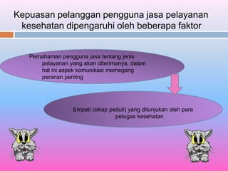 Kepuasan pelanggan pengguna jasa pelayanan
kesehatan dipengaruhi oleh beberapa faktor
Pemahaman pengguna jasa tentang jenis
pelayanan yang akan diterimanya, dalam
hal ini aspek komunikasi memegang
peranan penting
Empati (sikap peduli) yang ditunjukan oleh para
petugas kesehatan
 