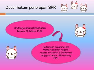 Dasar hukum penerapan SPK
Undang-undang kesehatan
Nomor 23 tahun 1992
Pertemuan Program Safe
Motherhood dari negara-
negara di wilayah SEARO/Asia
tenggara tahun 1995 tentang
SPK
 
