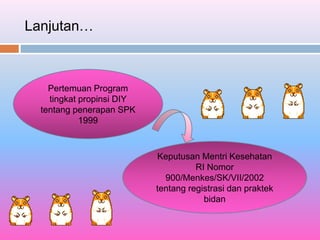 Lanjutan…
Pertemuan Program
tingkat propinsi DIY
tentang penerapan SPK
1999
Keputusan Mentri Kesehatan
RI Nomor
900/Menkes/SK/VII/2002
tentang registrasi dan praktek
bidan
 