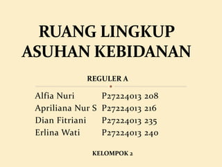 Alfia Nuri P27224013 208
Apriliana Nur S P27224013 216
Dian Fitriani P27224013 235
Erlina Wati P27224013 240
REGULER A
KELOMPOK 2
 