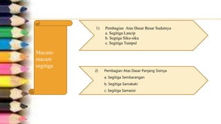 Macam-
macam
segitiga
1) Pembagian Atas Dasar Besar Sudutnya
a. Segitiga Lancip
b. Segtiga Siku-siku
c. Segitiga Tumpul
2) Pembagian Atas Dasar Panjang Sisinya
a. Segitiga Sembarangan
b. Segitiga Samakaki
c. Segitiga Samasisi
 