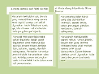 c. Harta istihlaki dan harta isti’mali
Harta istihlaki ialah suatu benda
yang menjadi harta yang secara
jelas (nyata) zatnya dan sekali
digunakan habis. Misalnya korek
api, bila dibakar maka habislah
harta yang berupa kayu itu.
Harta isti’mal ialah tidak habis
sekali digunaka, tetapi dapat
digunakan lama menurut apa
adanya, seperti kebun, tempat
tidur, pakaian, sepatu, dan lain
sebagainya. Perbedan harta dua
jenis ini ialah, harta istihlak habis
satu kali digunakan, sedangkan
harta isti’mal tidak habis dalam satu
kali pemanfaatan.
d. Harta Manqul dan Harta Ghair
Manqul
Harta manqul ialah harta
yang bias dipindahkan
(manqul), seperti emas,
perak, perunggu, pakaian,
kendaraan, dan lain
sebagainya.
Harta ghair manqul ialah
seperti kebun, rumah, pabrik,
sawah, dan yang lainnya
termasuk harta ghair manqul
karena tidak dapat
dipindahkan. Dalam hokum
perdata positif digunakan istilah
benda bergerak dan benda
tetap.
 
