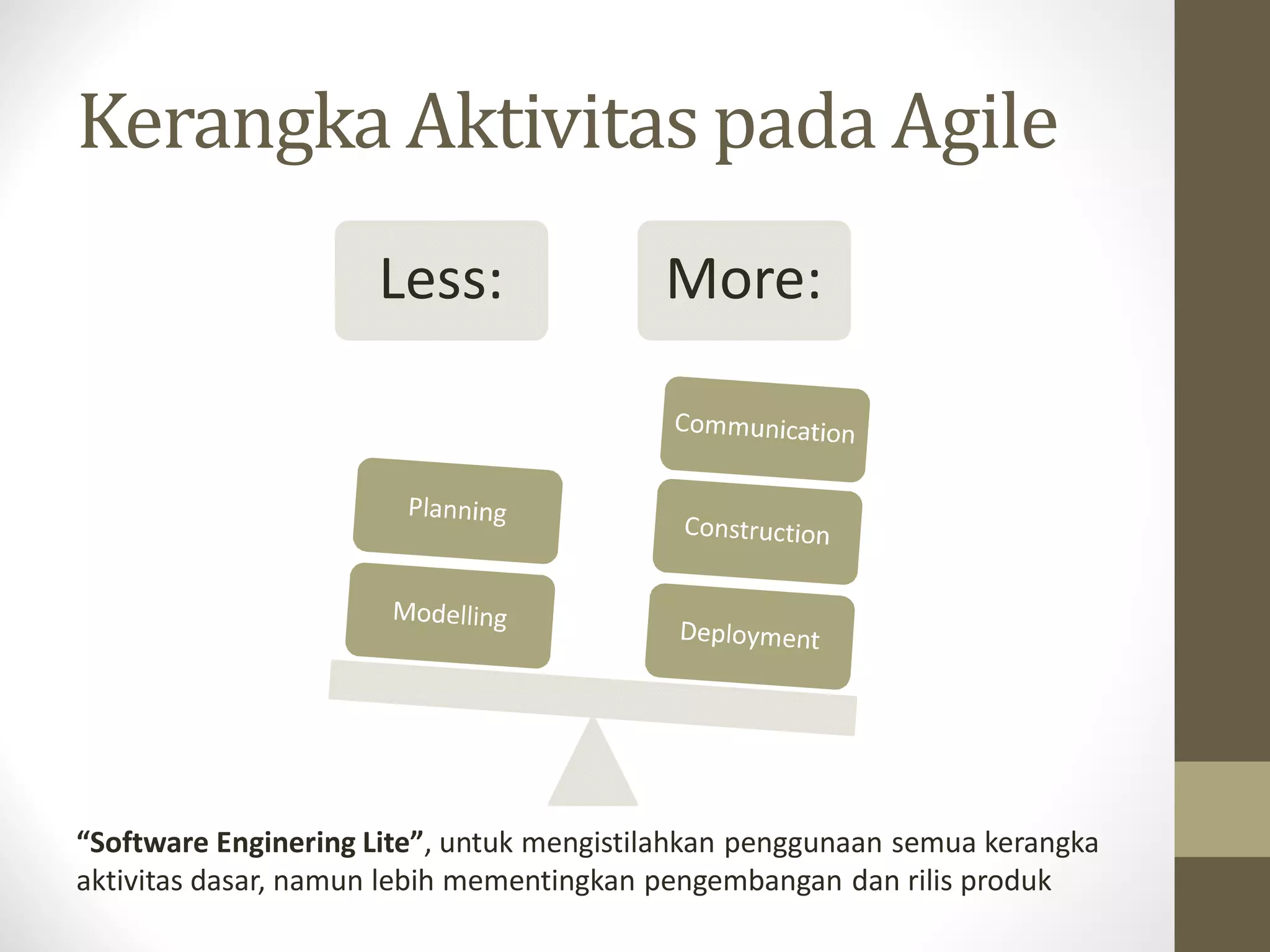 Kerangka Aktivitas pada Agile
Less:

More:

“Software Enginering Lite”, untuk mengistilahkan penggunaan semua kerangka
aktivitas dasar, namun lebih mementingkan pengembangan dan rilis produk

 