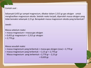 Contoh soal :
Sebanyak 0,455 gr sampel magnesium, dibakar dalam 2,315 gr gas oksigen untuk
menghasilkan magnesium oksida. Setelah reaksi terjadi, diperoleh massa oksigen yang
tidak bereaksi sebanyak 2,15 gr. Berapakah massa magnesium oksida yang terbentuk?
Jawab :
Massa sebelum reaksi
= massa magnesium + massa gas oksigen
= 0,455 gr magnesium + 2,315 gr oksigen
= 2,770 gr.
Massa sesudah reaksi
= massa magnesium yang terbentuk + massa gas oksigen (sisa) = 2,770 gr
= massa magnesium yang terbentuk + 2,15 gr = 2,770 gr
Massa magnesium yang terbentuk = 2,770 gr – 2,15 gr
= 0,620 gr.
 