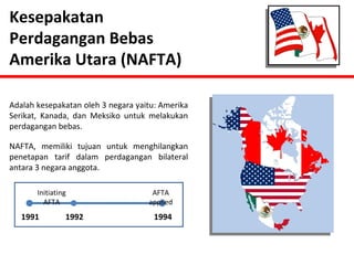 Kesepakatan 
Perdagangan Bebas 
Amerika Utara (NAFTA) 
Adalah kesepakatan oleh 3 negara yaitu: Amerika 
Serikat, Kanada, dan Meksiko untuk melakukan 
perdagangan bebas. 
NAFTA, memiliki tujuan untuk menghilangkan 
penetapan tarif dalam perdagangan bilateral 
antara 3 negara anggota. 
Initiating 
AFTA 
AFTA 
applied 
1991 1992 1994 
 