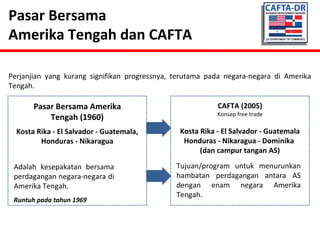 Pasar Bersama 
Amerika Tengah dan CAFTA 
Perjanjian yang kurang signifikan progressnya, terutama pada negara-negara di Amerika 
Tengah. 
Pasar Bersama Amerika 
Tengah (1960) 
CAFTA (2005) 
Konsep free trade 
Kosta Rika - El Salvador - Guatemala, 
Honduras - Nikaragua 
Adalah kesepakatan bersama 
perdagangan negara-negara di 
Amerika Tengah. 
Tujuan/program untuk menurunkan 
hambatan perdagangan antara AS 
dengan enam negara Amerika 
Tengah. 
Runtuh pada tahun 1969 
Kosta Rika - El Salvador - Guatemala 
Honduras - Nikaragua - Dominika 
(dan campur tangan AS) 
 