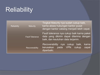 Reliability Maturity
Tingkat Maturity nya sudah cukup baik,
karna akses hubungan kantor pusat
dengan kantor cabang menjadi lebih cepat.
Fault Tolerance
Fault tolerance nya cukup baik karna paket
data yang dikirim dapat diterima dengan
baik, dan keutuhan data terjamin.
Recoverability
Recoverability nya cukup baik, karna
kerusakan pada VPN cukup cepat
diperbaiki.
Reliability
 