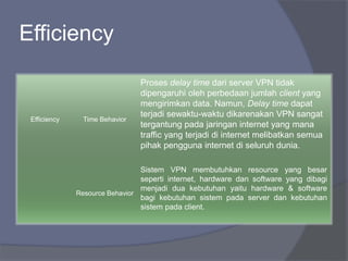 Efficiency Time Behavior
Proses delay time dari server VPN tidak
dipengaruhi oleh perbedaan jumlah client yang
mengirimkan data. Namun, Delay time dapat
terjadi sewaktu-waktu dikarenakan VPN sangat
tergantung pada jaringan internet yang mana
traffic yang terjadi di internet melibatkan semua
pihak pengguna internet di seluruh dunia.
Resource Behavior
Sistem VPN membutuhkan resource yang besar
seperti internet, hardware dan software yang dibagi
menjadi dua kebutuhan yaitu hardware & software
bagi kebutuhan sistem pada server dan kebutuhan
sistem pada client.
Efficiency
 