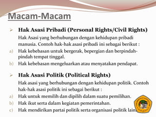 Macam-Macam
 Hak Asasi Pribadi (Personal Rights/Civil Rights)
Hak Asasi yang berhubungan dengan kehidupan pribadi
manusia. Contoh hak-hak asasi pribadi ini sebagai berikut :
a) Hak kebebasan untuk bergerak, bepergian dan berpindah-
pindah tempat tinggal.
b) Hak kebebasan mengeluarkan atau menyatakan pendapat.
 Hak Asasi Politik (Political Rights)
Hak asasi yang berhubungan dengan kehidupan politik. Contoh
hak-hak asasi politik ini sebagai berikut :
a) Hak untuk memilih dan dipilih dalam suatu pemilihan.
b) Hak ikut serta dalam kegiatan pemerintahan.
c) Hak mendirikan partai politik serta organisasi politik lainnya.
 