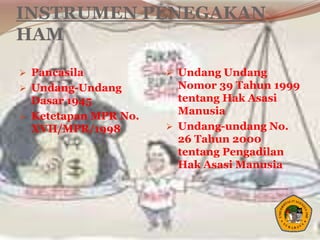 INSTRUMEN PENEGAKAN
HAM
 Pancasila
 Undang-Undang
Dasar 1945
 Ketetapan MPR No.
XVII/MPR/1998
 Undang Undang
Nomor 39 Tahun 1999
tentang Hak Asasi
Manusia
 Undang-undang No.
26 Tahun 2000
tentang Pengadilan
Hak Asasi Manusia
 