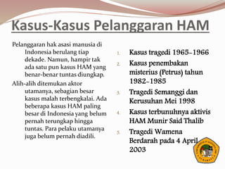 Kasus-Kasus Pelanggaran HAM
Pelanggaran hak asasi manusia di
Indonesia berulang tiap
dekade. Namun, hampir tak
ada satu pun kasus HAM yang
benar-benar tuntas diungkap.
Alih-alih ditemukan aktor
utamanya, sebagian besar
kasus malah terbengkalai. Ada
beberapa kasus HAM paling
besar di Indonesia yang belum
pernah terungkap hingga
tuntas. Para pelaku utamanya
juga belum pernah diadili.
1. Kasus tragedi 1965-1966
2. Kasus penembakan
misterius (Petrus) tahun
1982-1985
3. Tragedi Semanggi dan
Kerusuhan Mei 1998
4. Kasus terbunuhnya aktivis
HAM Munir Said Thalib
5. Tragedi Wamena
Berdarah pada 4 April
2003
 