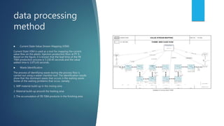 data processing
method
 Current State Value Stream Mapping (VSM)
Current State VSM is used as a tool for mapping the current
value flow on the plastic injection production floor at PT X.
Based on the figure, it is known that the lead time of the FB
7084 production process is 5.130.45 seconds and the value
added time is 3,071.65 seconds.
 Waste Identification
The process of identifying waste during the process flow is
carried out using a waste checklist tool. The identification results
show that the dominant waste that occurs is the waiting waste.
Some of the waiting problems that occur, namely:
1. WIP material build-up in the mixing area
2. Material build-up around the heating area
3. The accumulation of FB 7084 products in the finishing area
 