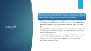 Analysis
The following are several alternative improvements that were selected
to be submitted after going through the scoring method:
• The design for improving the temporary sealing process uses sacks equipped with ropes
and cord stoppers so that the temporary sealing process can run faster and the buildup of
WIP material in the mixing area can be eliminated. Cord Stopper used as a bag sealing
tool.
• Design of a pull system with a card tool in the area mixing goes to heating so it doesn't
happen buildup of material in the heating area. Tools that used in the application of this
system is a tool production card
• Improved design of batch measurement process by count scale. Using the count scale as
a tool can speed up the process for operators to complete the process of measuring
batches of products, reducing the buildup of FB7084 products waiting for batch
measurements in the finishing area.
 