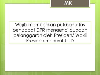 MK 
Memutus Wajib memberikan sengketa kewenangan 
putusan atas 
pendapat DPR mengenai dugaan 
pelanggaran oleh Presiden/ Wakil 
Memutus Menguji lembaga UU pembubaran terhadap negara UUD parpol yang 
Negara 
dan 
perselisihan Republik tentang Indonesia hasil 1945 
pemilu 
kewenangannya diberikan oleh UUD 
Presiden 1945 
menurut UUD 
 