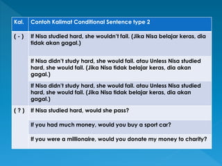 Kal. Contoh Kalimat Conditional Sentence type 2
( - ) If Nisa studied hard, she wouldn’t fail. (Jika Nisa belajar keras, dia
tidak akan gagal.)
If Nisa didn’t study hard, she would fail. atau Unless Nisa studied
hard, she would fail. (Jika Nisa tidak belajar keras, dia akan
gagal.)
If Nisa didn’t study hard, she would fail. atau Unless Nisa studied
hard, she would fail. (Jika Nisa tidak belajar keras, dia akan
gagal.)
( ? ) If Nisa studied hard, would she pass?
If you had much money, would you buy a sport car?
If you were a millionaire, would you donate my money to charity?
 
