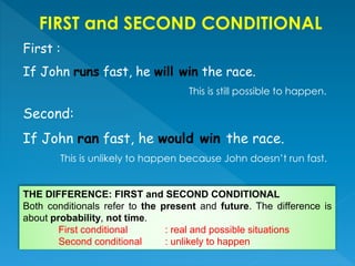FIRST and SECOND CONDITIONAL
THE DIFFERENCE: FIRST and SECOND CONDITIONAL
Both conditionals refer to the present and future. The difference is
about probability, not time.
First conditional : real and possible situations
Second conditional : unlikely to happen
First :
If John runs fast, he will win the race.
This is still possible to happen.
Second:
If John ran fast, he would win the race.
This is unlikely to happen because John doesn’t run fast.
 