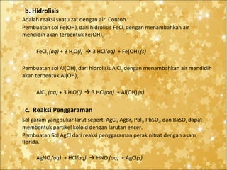 b. Hidrolisis
Adalah reaksi suatu zat dengan air. Contoh :
Pembuatan sol Fe(OH)3 dari hidrolisis FeCl3 dengan menambahkan air
mendidih akan terbentuk Fe(OH)3.
FeCl3 (aq) + 3 H2O(l)  3 HCl(aq) + Fe(OH)3(s)
Pembuatan sol Al(OH)3 dari hidrolisis AlCl3 dengan menambahkan air mendidih
akan terbentuk Al(OH)3.
AlCl3 (aq) + 3 H2O(l)  3 HCl(aq) + Al(OH)3(s)

c. Reaksi Penggaraman
Sol garam yang sukar larut seperti AgCl, AgBr, Pbl2, PbSO4, dan BaSO4 dapat
membentuk partikel koloid dengan larutan encer.
Pembuatan Sol AgCl dari reaksi penggaraman perak nitrat dengan asam
florida.
AgNO3(aq) + HCl(aq)  HNO3(aq) + AgCl(s)

 