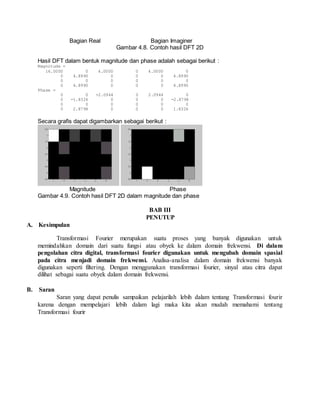 Bagian Real Bagian Imaginer
Gambar 4.8. Contoh hasil DFT 2D
Hasil DFT dalam bentuk magnitude dan phase adalah sebagai berikut :
Magnitude =
16.0000 0 4.0000 0 4.0000 0
0 4.8990 0 0 0 4.8990
0 0 0 0 0 0
0 4.8990 0 0 0 4.8990
Phase =
0 0 -2.0944 0 2.0944 0
0 -1.8326 0 0 0 -2.8798
0 0 0 0 0 0
0 2.8798 0 0 0 1.8326
Secara grafis dapat digambarkan sebagai berikut :
Magnitude Phase
Gambar 4.9. Contoh hasil DFT 2D dalam magnitude dan phase
BAB III
PENUTUP
A. Kesimpulan
Transformasi Fourier merupakan suatu proses yang banyak digunakan untuk
memindahkan domain dari suatu fungsi atau obyek ke dalam domain frekwensi. Di dalam
pengolahan citra digital, transformasi fourier digunakan untuk mengubah domain spasial
pada citra menjadi domain frekwensi. Analisa-analisa dalam domain frekwensi banyak
digunakan seperti filtering. Dengan menggunakan transformasi fourier, sinyal atau citra dapat
dilihat sebagai suatu obyek dalam domain frekwensi.
B. Saran
Saran yang dapat penulis sampaikan pelajarilah lebih dalam tentang Transformasi fourir
karena dengan mempelajari lebih dalam lagi maka kita akan mudah memahami tentang
Transformasi fourir
 