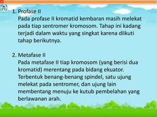 X
1. Profase II
Pada profase II kromatid kembaran masih melekat
pada tiap sentromer kromosom. Tahap ini kadang
terjadi dalam waktu yang singkat karena diikuti
tahap berikutnya.
2. Metafase II
Pada metafase II tiap kromosom (yang berisi dua
kromatid) merentang pada bidang ekuator.
Terbentuk benang-benang spindel, satu ujung
melekat pada sentromer, dan ujung lain
membentang menuju ke kutub pembelahan yang
berlawanan arah.
 