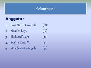 Kelompok 2
Anggota :
1. Fina Nurul Fawazah (08)
2. Nandea Bayu (16)
3. Shahibul Wafa (20)
4. Syafira Elma V. (25)
5. Winda Zulianingsih (32)
 