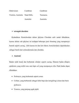 Ordovisium            Cambrian            Cambrian

Victoria, Australia   Natal Hills,        Tasmania,

                      Australia           Australia




    setengah chordata


   Kedudukan Hemichordata dalam phylum Chordata sulit untuk dibedakan,

karena dalam sub phylum ini terdapat beberapa jenis binatang yang mempunyai

bentuk seperti cacing.. oleh karena ini dan lain faktor, hemichordates diperlakukan

sebagai famili dari echinodermata dan chordata.


    Anatomi


Badan ialah lunak dan berbentuk silinder seperti cacing. Dataran badan dilapisi

epidermis yang terdiri atas satu lapis sel yang mempunyai cilia. Pada badan dapat

dibedakan:


      Proboscis, yang berbentuk seperti conus

      Collare, yang berbentuk sebagai leher baju dan menglilingi colum dan basis

      proboscis.

      Truncus, yang panjang agak pipih.
 
