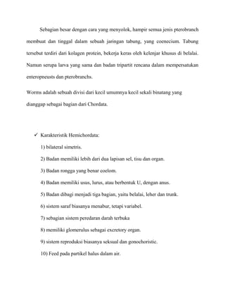 Sebagian besar dengan cara yang menyolok, hampir semua jenis pterobranch

membuat dan tinggal dalam sebuah jaringan tabung, yang coenecium. Tabung

tersebut terdiri dari kolagen protein, bekerja keras oleh kelenjar khusus di belalai.

Namun serupa larva yang sama dan badan tripartit rencana dalam mempersatukan

enteropneusts dan pterobranchs.


Worms adalah sebuah divisi dari kecil umumnya kecil sekali binatang yang

dianggap sebagai bagian dari Chordata.




    Karakteristik Hemichordata:

      1) bilateral simetris.

      2) Badan memiliki lebih dari dua lapisan sel, tisu dan organ.

      3) Badan rongga yang benar coelom.

      4) Badan memiliki usus, lurus, atau berbentuk U, dengan anus.

      5) Badan dibagi menjadi tiga bagian, yaitu belalai, leher dan trunk.

      6) sistem saraf biasanya menabur, tetapi variabel.

      7) sebagian sistem peredaran darah terbuka

      8) memiliki glomerulus sebagai excretory organ.

      9) sistem reproduksi biasanya seksual dan gonochoristic.

      10) Feed pada partikel halus dalam air.
 
