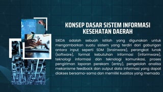 KONSEP DASAR SISTEM INFORMASI
KESEHATAN DAERAH
SIKDA adalah sebuah istilah yang digunakan untuk
mengambarkan suatu sistem yang terdiri dari gabungan
antara input seperti SDM (brainware), perangkat lunak
(software), format kebutuhan informasi (informware),
teknologi informasi dan teknologi komunikasi, proses
pengiriman laporan perekam (entry), pengelolah analisa
mekanisme feedback dan output data informasi yang dapat
diakses bersama-sama dan memiliki kualitas yang memada
 