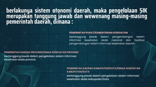 bertanggung jawab dalam pengelolaan sistem informasi
kesehatan skala kabupaten/kota
PEMERINTAH DAERAH KABUPATEN/KOTA/DINAS KESEHATAN
KABUPATEN/KOTA
bertanggung jawab dalam pengelolaan sistem informasi
kesehatan skala provinsi.
PEMERINTAH DAERAH PROVINSI/DINAS KESEHATAN PROVINSI
berlakunya sistem otonomi daerah, maka pengelolaan SIK
merupakan tanggung jawab dan wewenang masing-masing
pemerintah daerah, dimana :
bertanggung jawab dalam pengembangan sistem
informasi kesehatan skala nasional dan fasilitasi
pengembangan sistem informasi kesehatan daerah.
PEMERINTAH PUSAT/KEMENTERIAN KESEHATAN
 