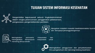 Mengatasi masalah-masalah kesehatanmelalui isyarat
dini danupaya penanggulangannya.
Pengambilan keputusandi seluruh tingkatadministrasi
dalam rangka perencanaan, penggerakan pelaksanaan,
pengawasan, pengendaliandan penilaian.
Meningkatkan peranserta masyarakat dan
meningkatkan kemampuan masyarakat untuk
menolong dirinya sendiri.
Meningkatkan penggunaan dan penyebarluasan
ilmu pengetahuan dan teknologi bidang kesehatan
TUJUAN SISTEM INFORMASI KESEHATAN
 