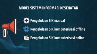 MODEL SISTEM INFORMASI KESEHATAN
Pengelolaan SIK komputerisasi online
Pengelolaan SIK komputerisasi offline
Pengelolaan SIK manual
 