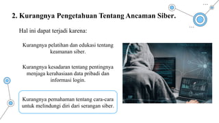 2. Kurangnya Pengetahuan Tentang Ancaman Siber.
Kurangnya pemahaman tentang cara-cara
untuk melindungi diri dari serangan siber.
Kurangnya pelatihan dan edukasi tentang
keamanan siber.
Kurangnya kesadaran tentang pentingnya
menjaga kerahasiaan data pribadi dan
informasi login.
Hal ini dapat terjadi karena:
 
